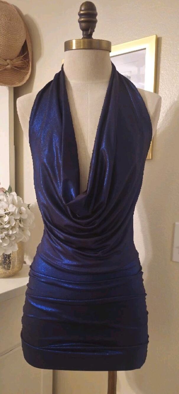 Rhapsody Metallic Blue Halter Mini Dress Tunic Top Bodycon Small Ruched Stretch